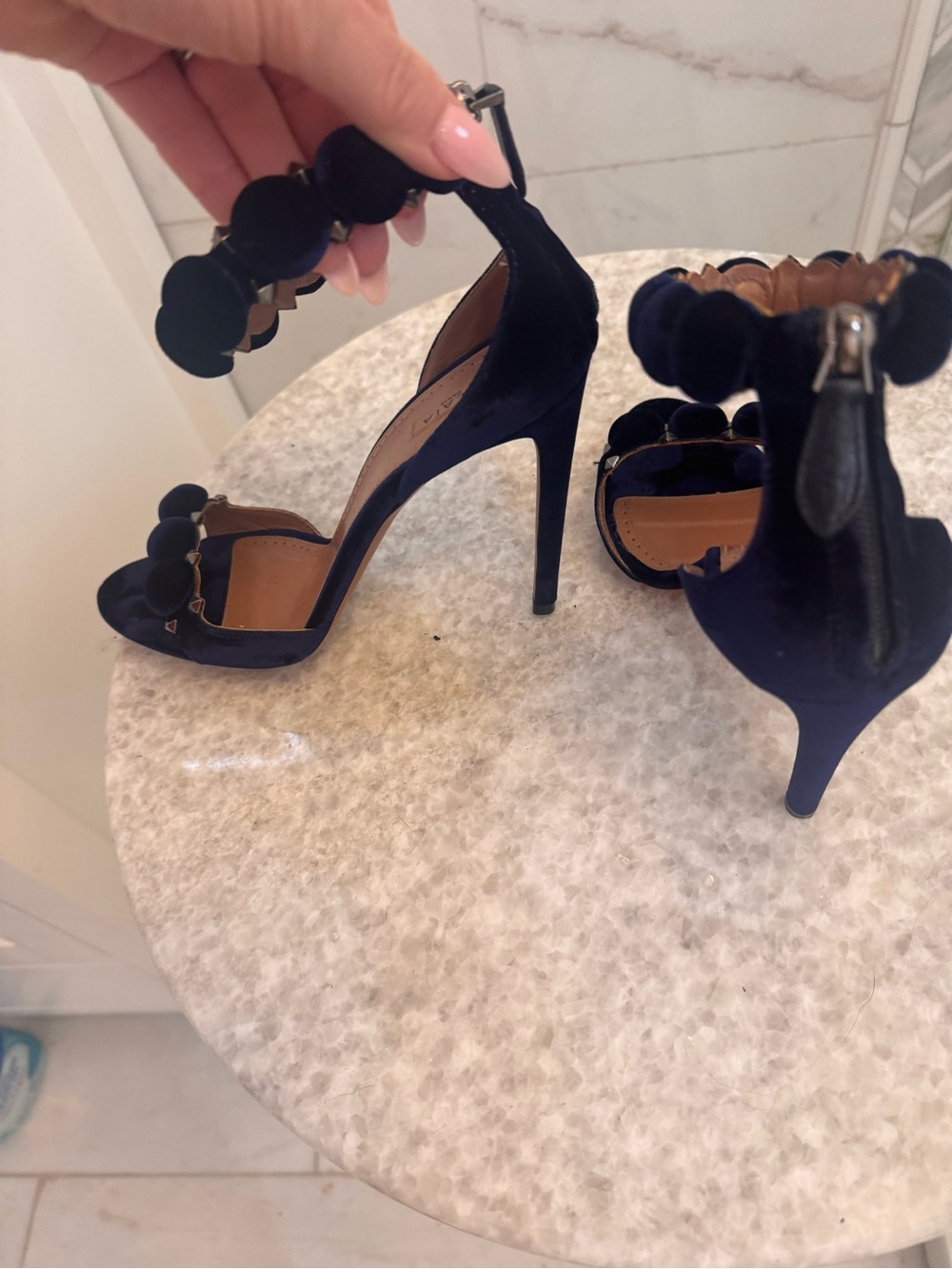 Alaia Navy Satin Pom-Pom Ankle-Strap Heels - Picture 8 of 16